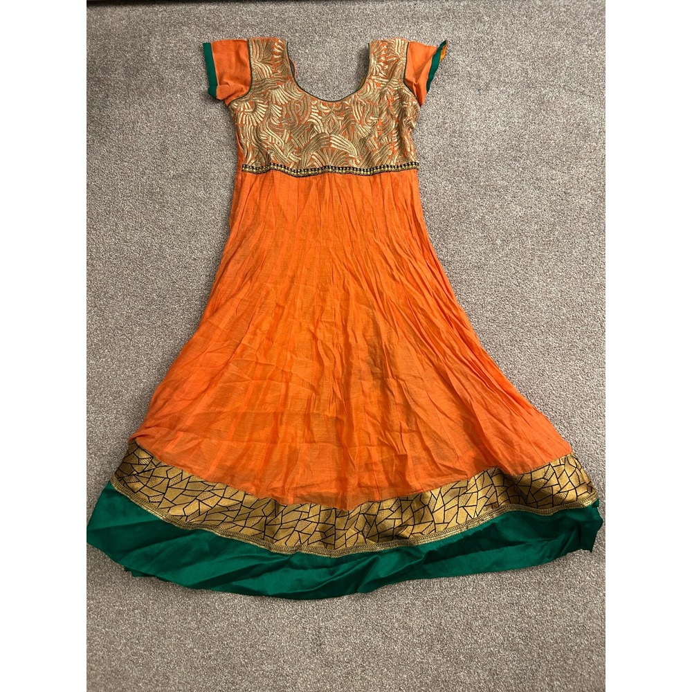 South Asian Kameez Anarkali Maxi Dress Womens L Orange Excellent Embroidered